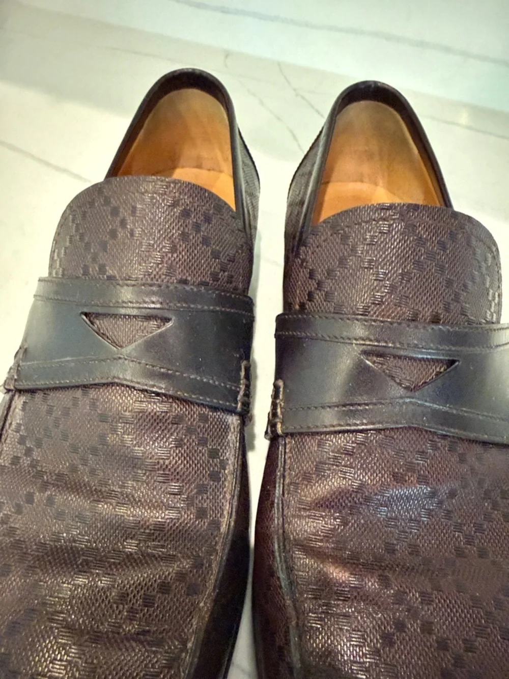 Gucci Dark Brown Monogram Leather Penny Loafers